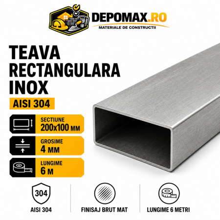 Teava rectangulara inox AISI 304, 200 x 100 x 4 mm, 6 metri